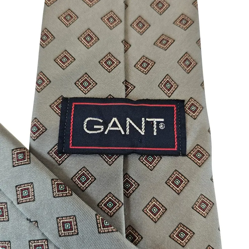 GANT Mens Silk Necktie Gray Geometric Diamond Pattern Classic Tie 59” 3.5”